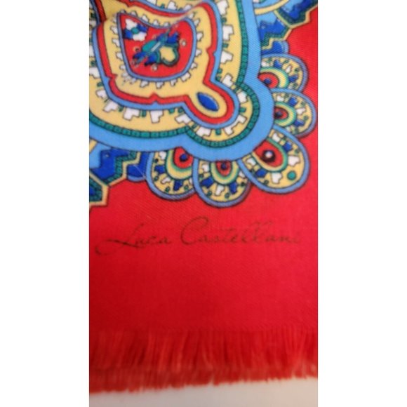 Luca Castellini Vintage Red Multicolored Paisley Design Scarf Features Edges 46" - Picture 1 of 7